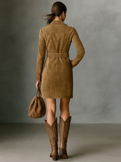 Belted Suede Mini Shirt Dress