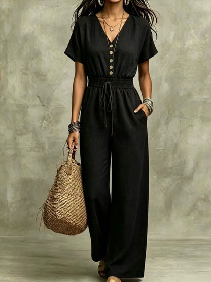 Button Front Wide Leg Jumpsuit