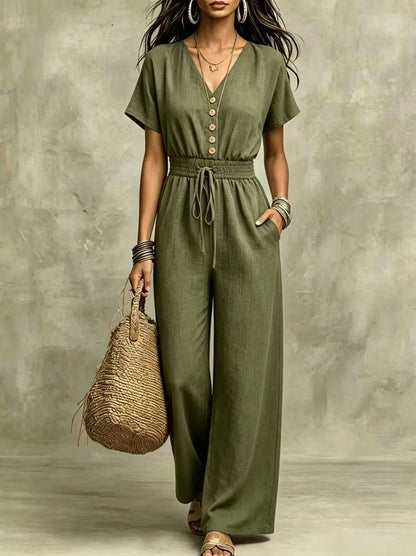 Button Front Wide Leg Jumpsuit