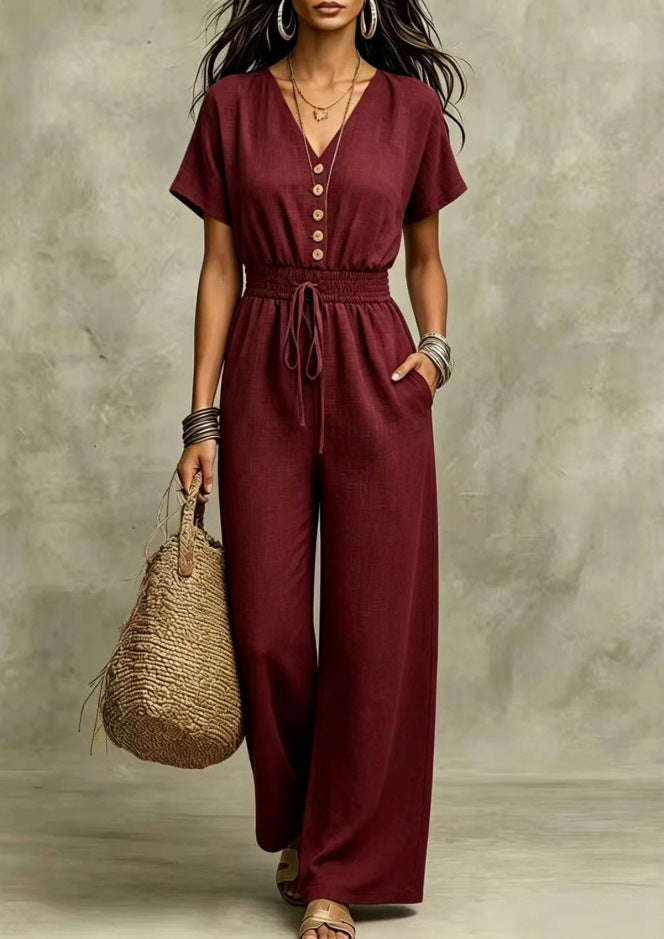Button Front Wide Leg Jumpsuit