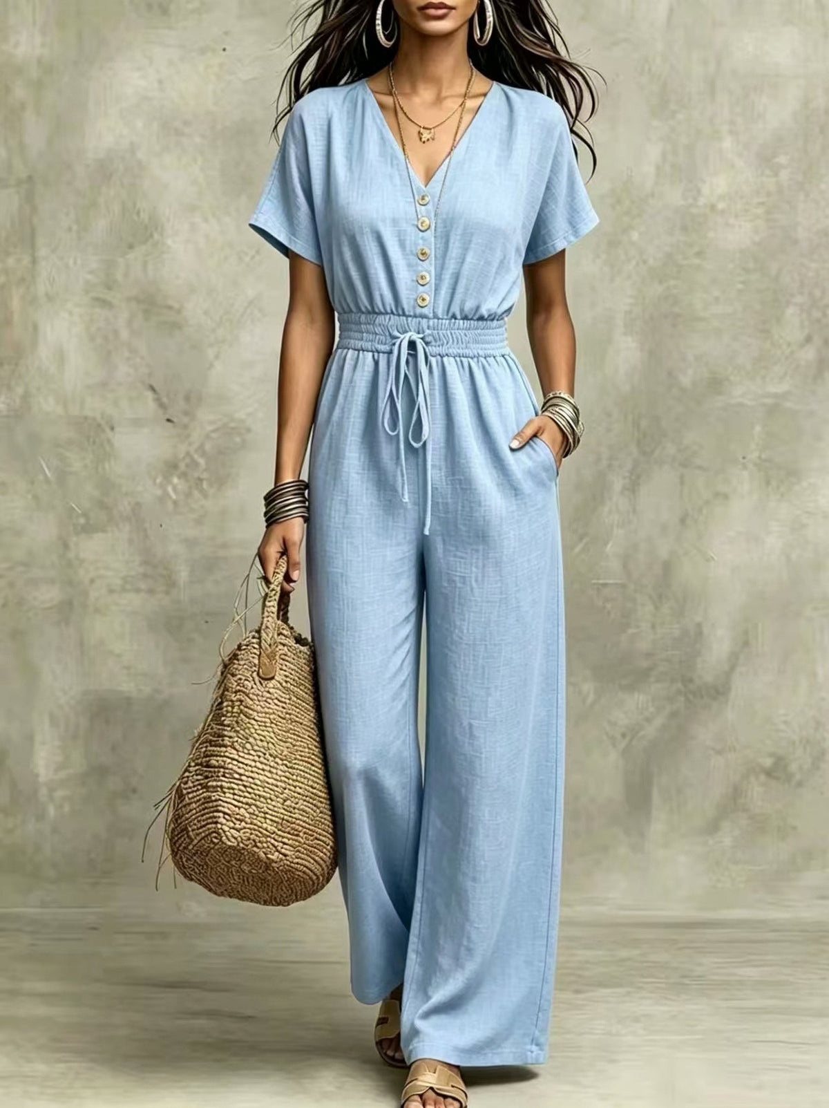 Button Front Wide Leg Jumpsuit