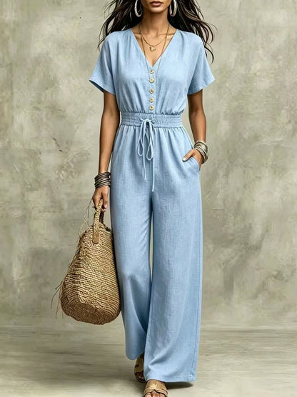 Button Front Wide Leg Jumpsuit