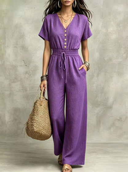 Button Front Wide Leg Jumpsuit