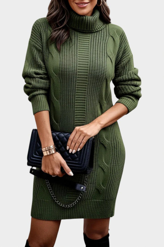 Cable Knit Turtleneck Sweater Dress