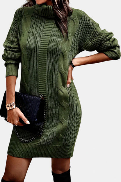 Cable Knit Turtleneck Sweater Dress