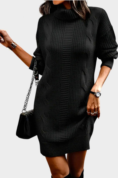 Cable Knit Turtleneck Sweater Dress