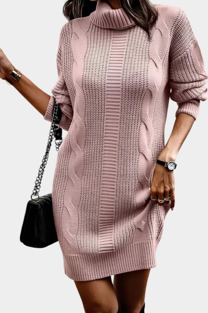 Cable Knit Turtleneck Sweater Dress