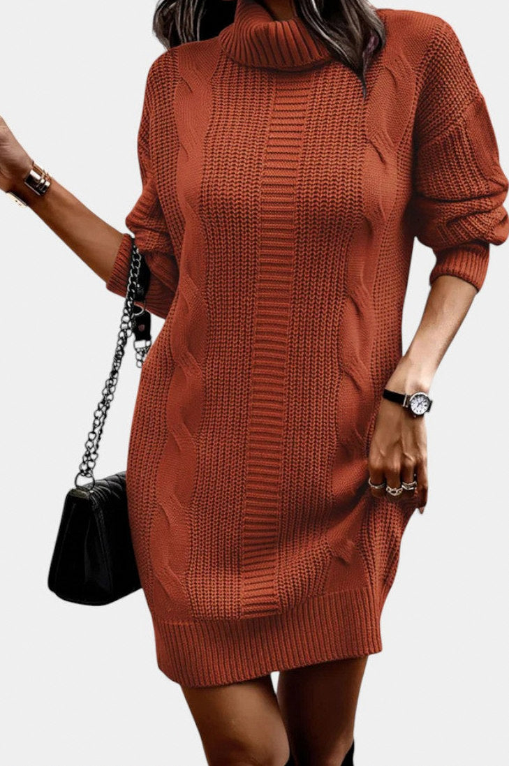Cable Knit Turtleneck Sweater Dress