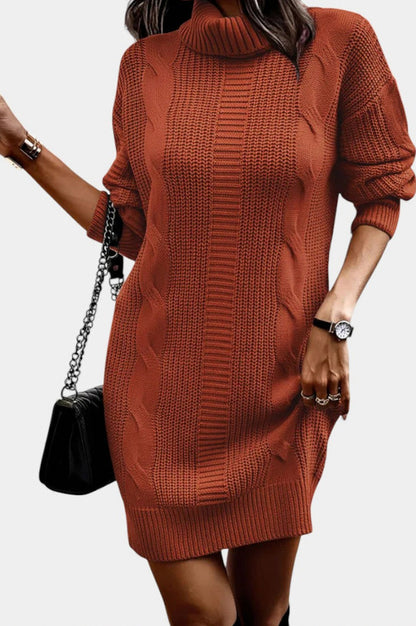 Cable Knit Turtleneck Sweater Dress