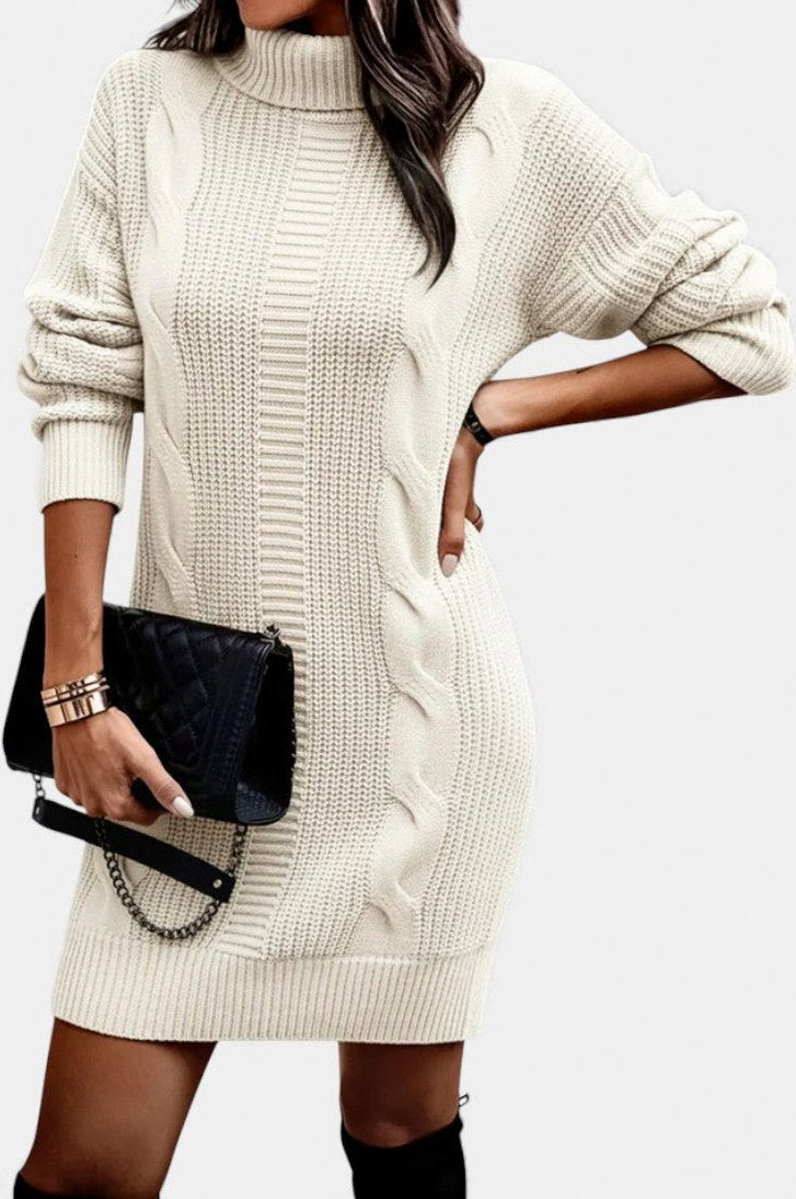 Cable Knit Turtleneck Sweater Dress