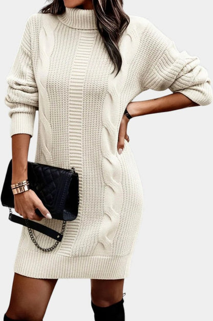 Cable Knit Turtleneck Sweater Dress