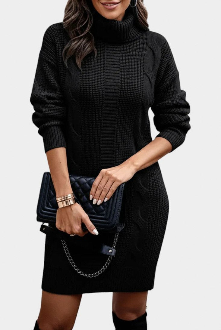 Cable Knit Turtleneck Sweater Dress