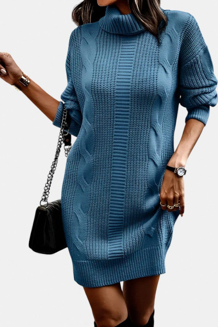 Cable Knit Turtleneck Sweater Dress