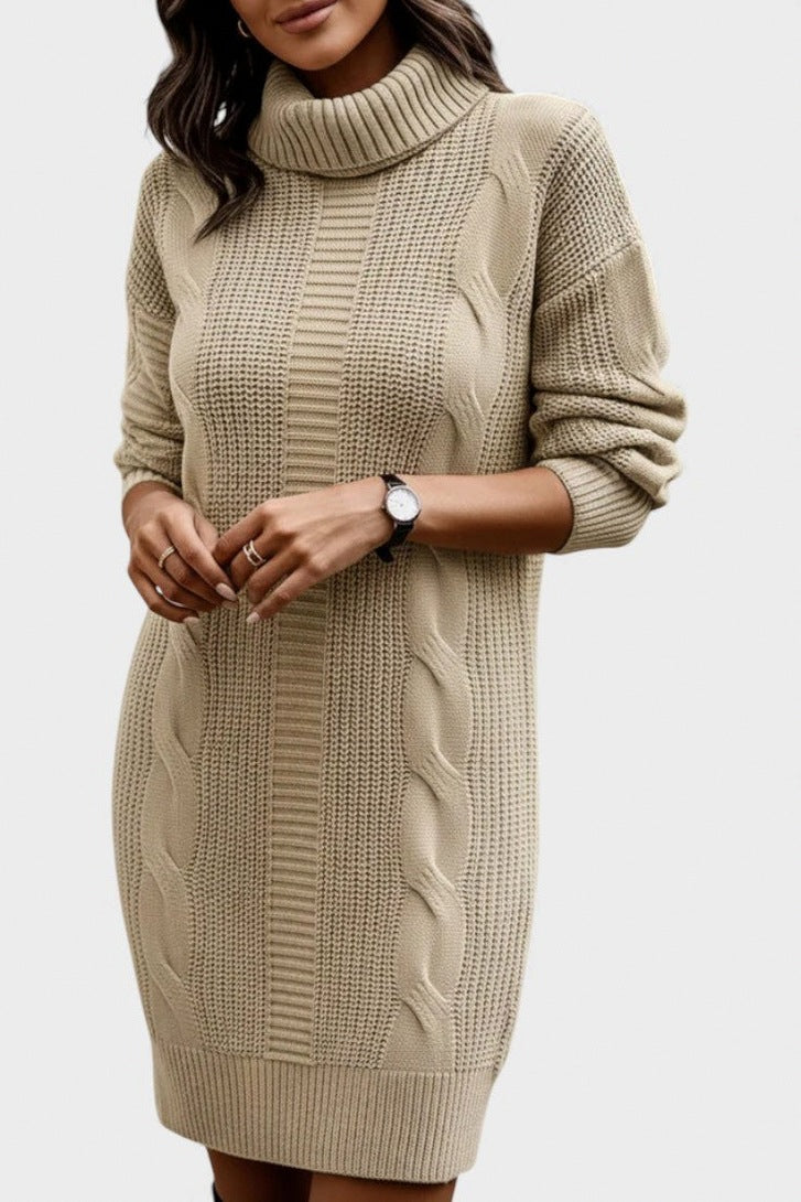 Cable Knit Turtleneck Sweater Dress