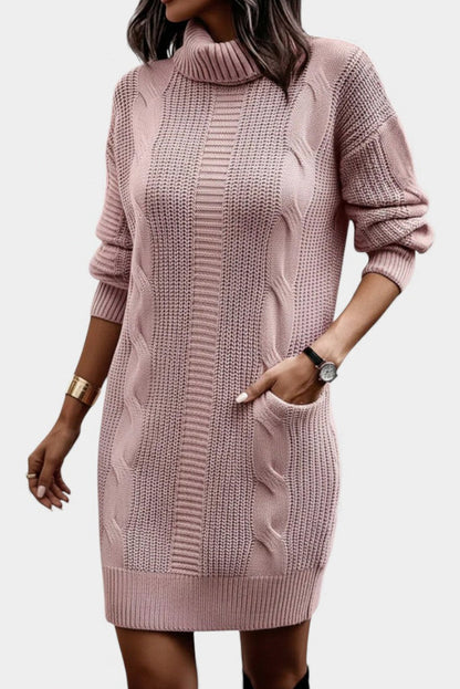 Cable Knit Turtleneck Sweater Dress