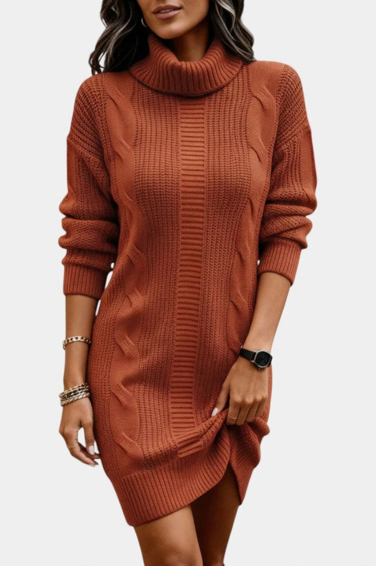 Cable Knit Turtleneck Sweater Dress