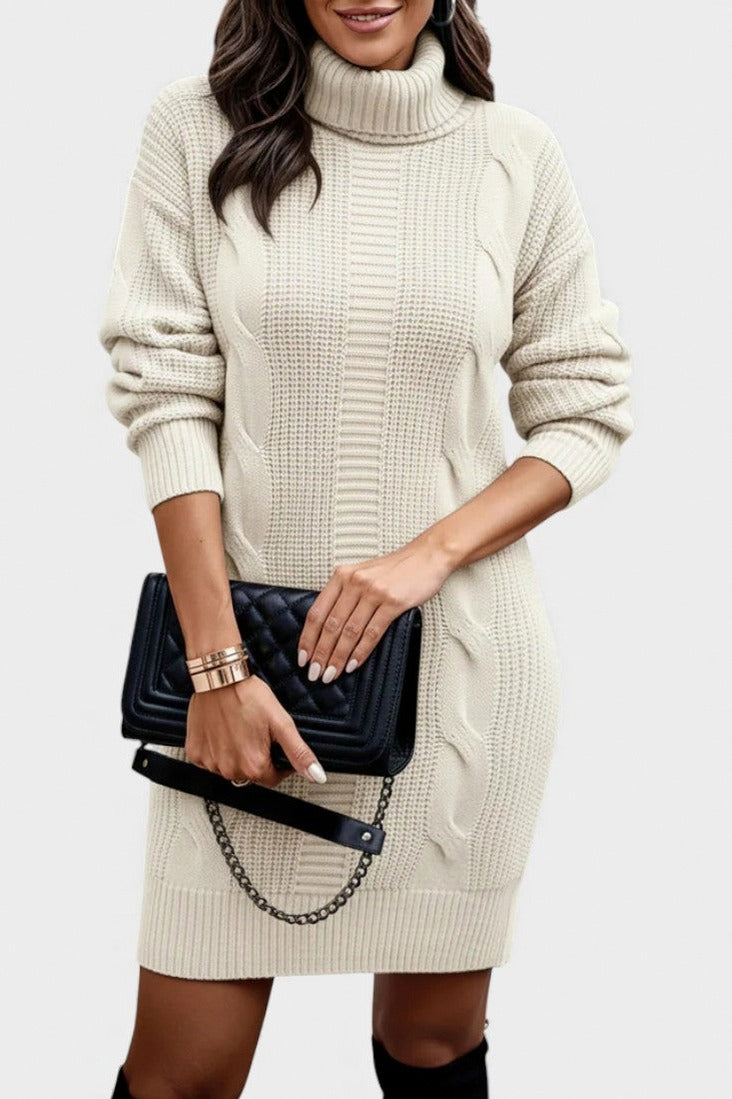 Cable Knit Turtleneck Sweater Dress