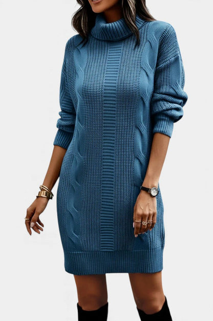 Cable Knit Turtleneck Sweater Dress