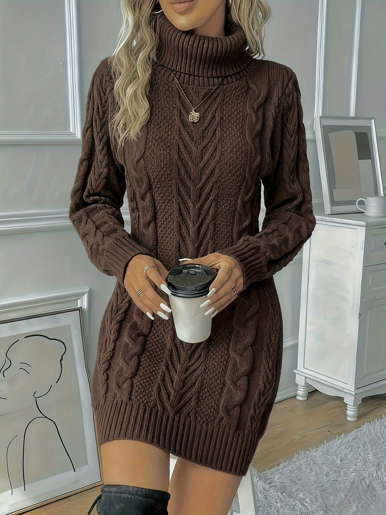 Cable Turtleneck Long Sleeve Mini Dress