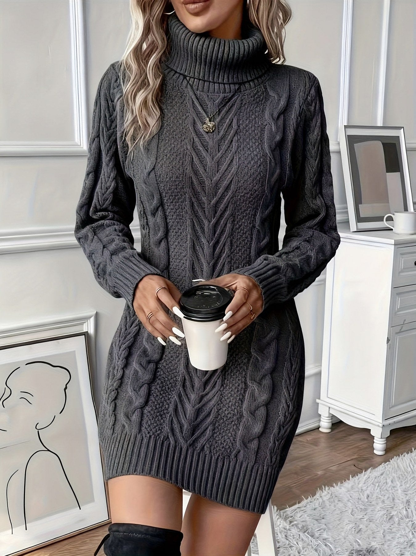 Cable Turtleneck Long Sleeve Mini Dress