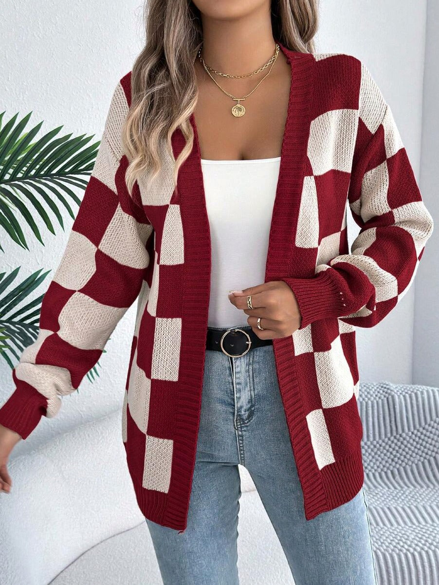 Checkerboard Knit Open Front Cardigan