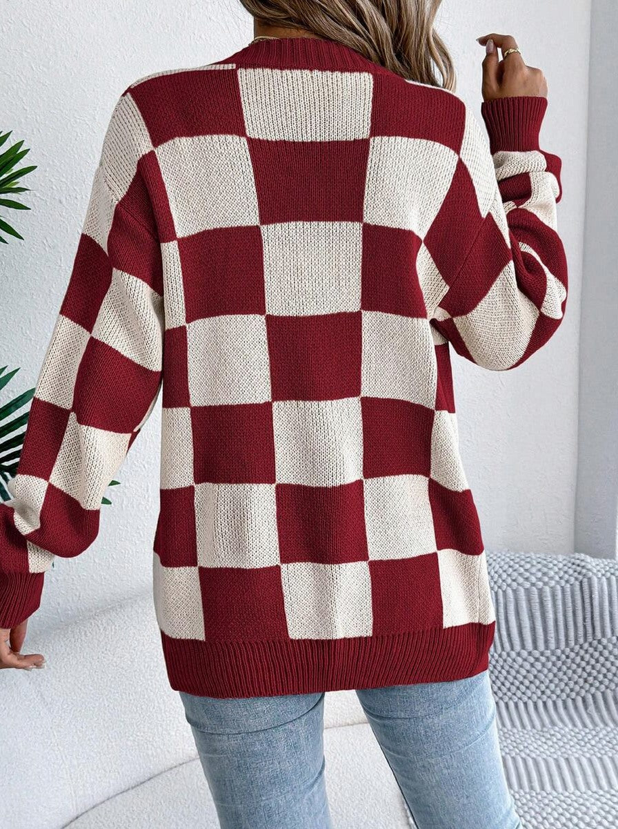 Checkerboard Knit Open Front Cardigan