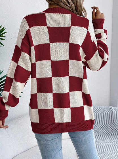 Checkerboard Knit Open Front Cardigan