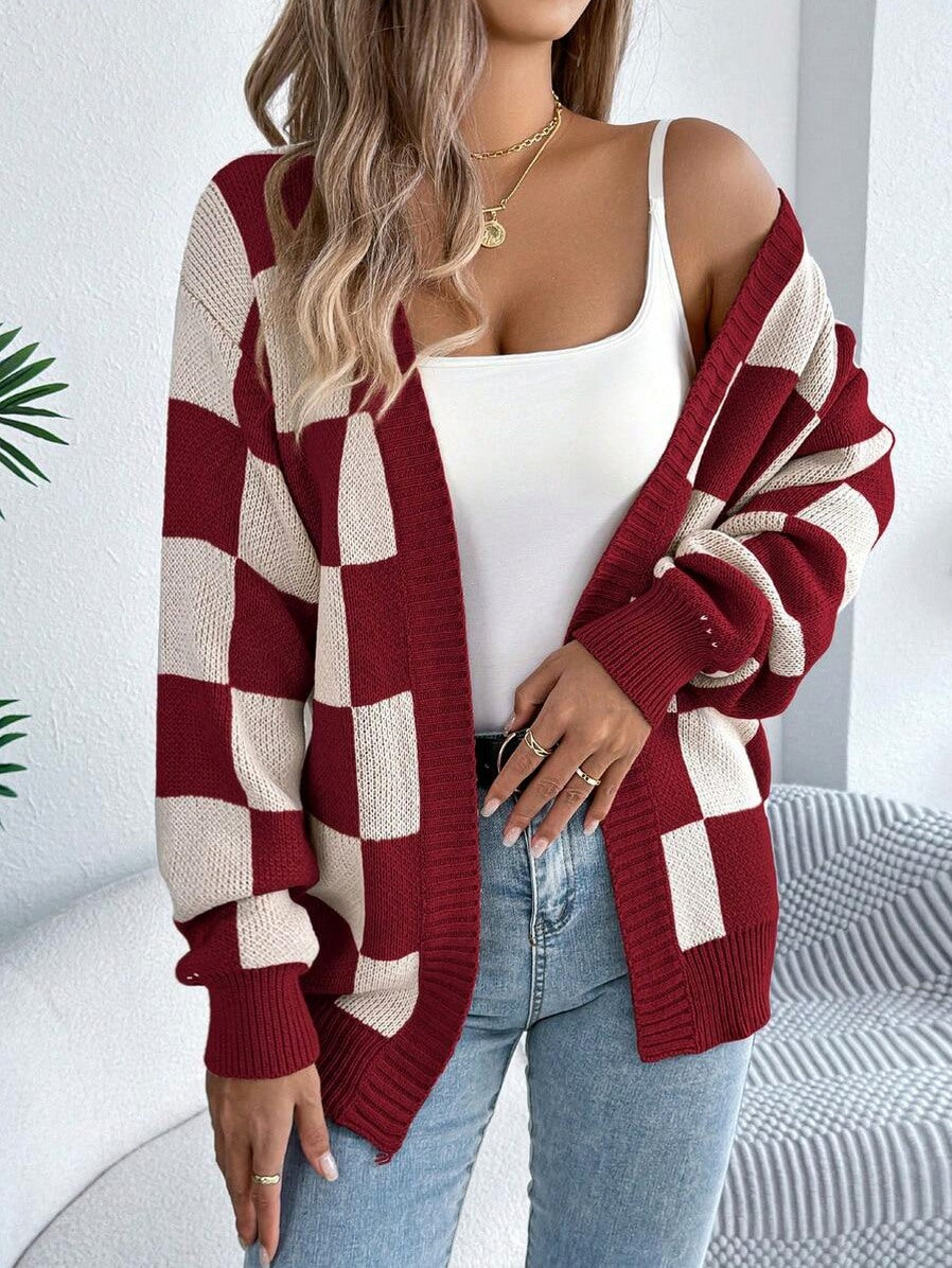 Checkerboard Knit Open Front Cardigan