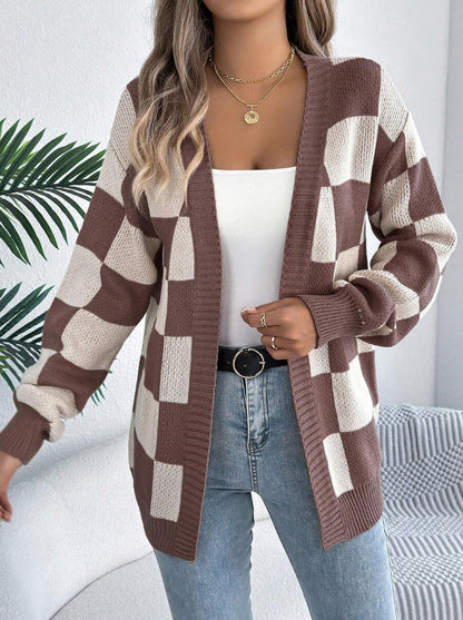Checkerboard Knit Open Front Cardigan