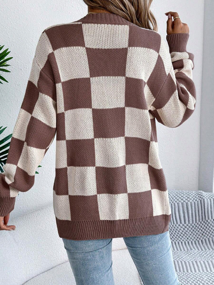 Checkerboard Knit Open Front Cardigan