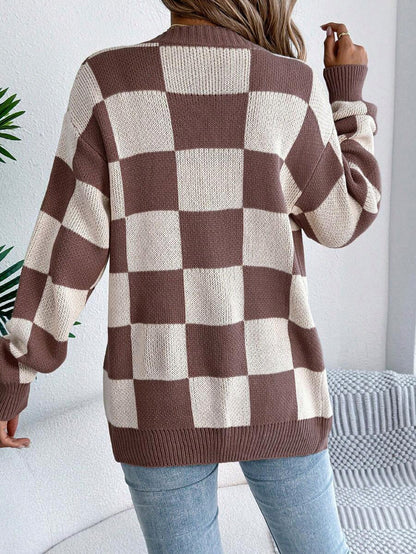 Checkerboard Knit Open Front Cardigan