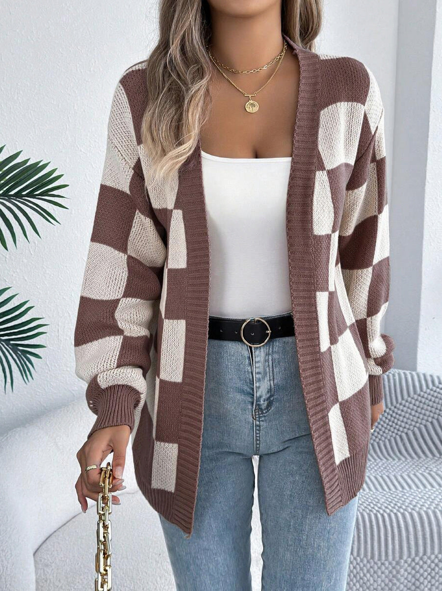 Checkerboard Knit Open Front Cardigan