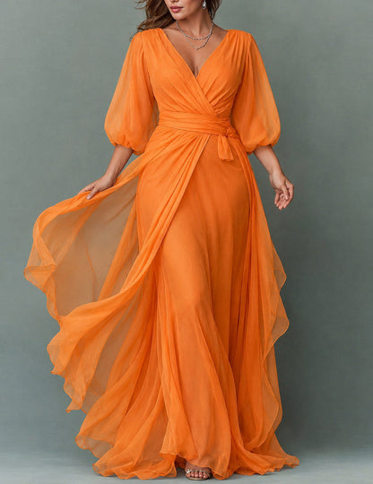 Chiffon Balloon Sleeve Maxi Dress