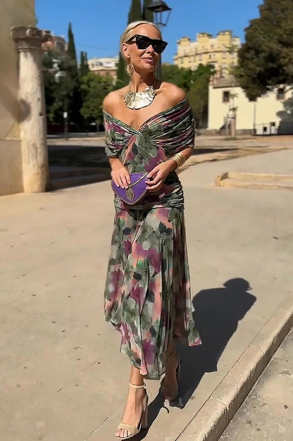 Chiffon Cap Sleeve Maxi Dress