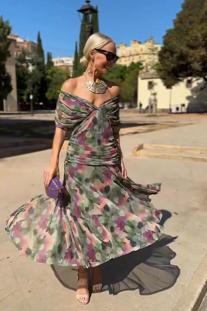 Chiffon Cap Sleeve Maxi Dress