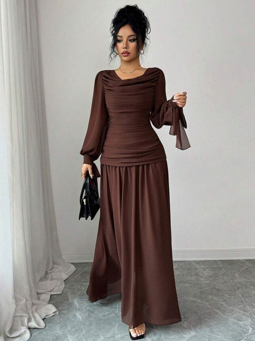 Chiffon Long Sleeve Cowl Neck Maxi Dress