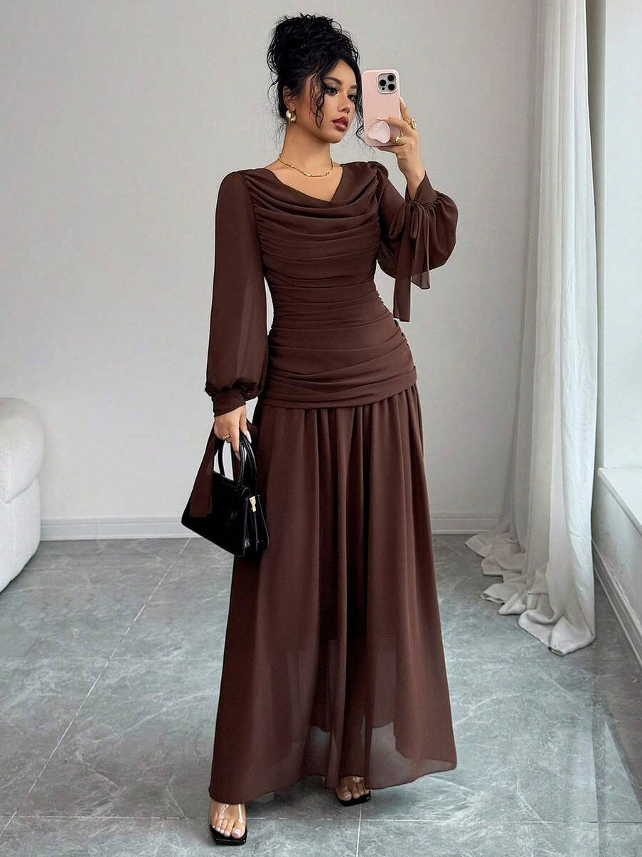 Chiffon Long Sleeve Cowl Neck Maxi Dress