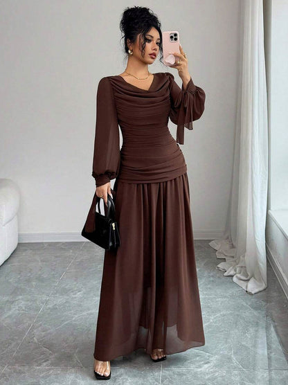 Chiffon Long Sleeve Cowl Neck Maxi Dress