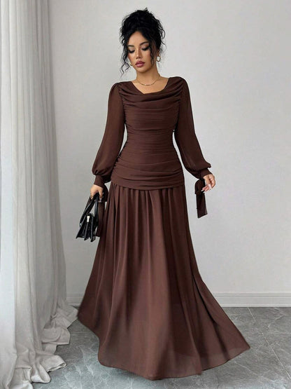 Chiffon Long Sleeve Cowl Neck Maxi Dress