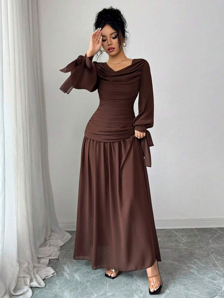 Chiffon Long Sleeve Cowl Neck Maxi Dress