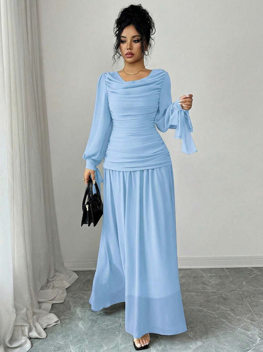 Chiffon Long Sleeve Cowl Neck Maxi Dress