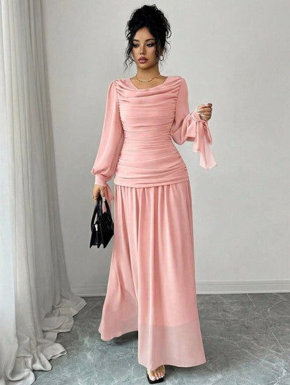 Chiffon Long Sleeve Cowl Neck Maxi Dress