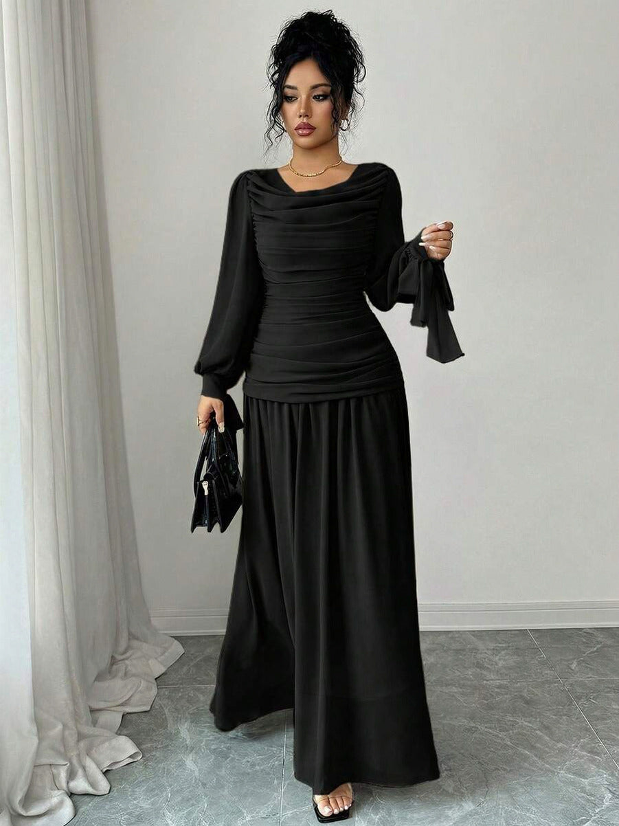 Chiffon Long Sleeve Cowl Neck Maxi Dress
