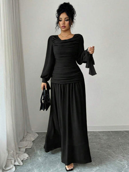 Chiffon Long Sleeve Cowl Neck Maxi Dress