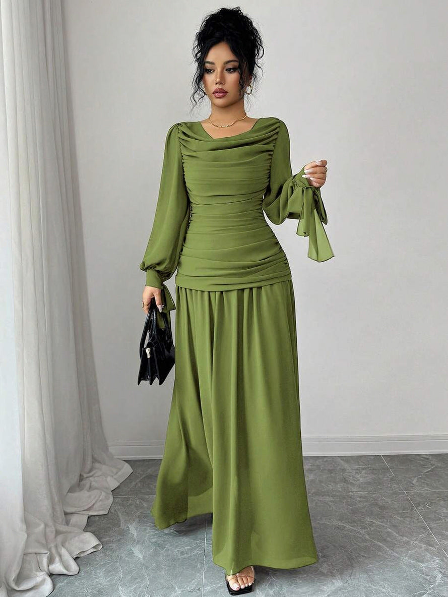 Chiffon Long Sleeve Cowl Neck Maxi Dress