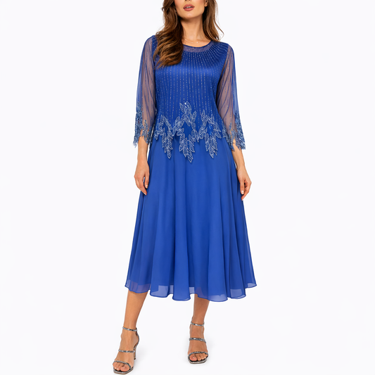Blue - Women's A-line midi dress featuring a sheer chiffon overlay, intricate bodice embellishments, and 3/4-length sleeves