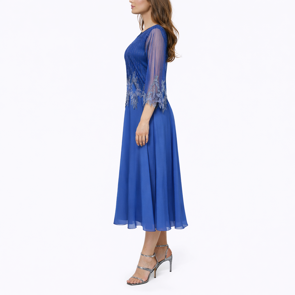 Blue - Women's A-line midi dress featuring a sheer chiffon overlay, intricate bodice embellishments, and 3/4-length sleeves