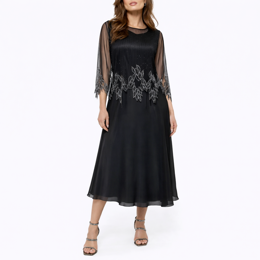 Black - Women's A-line midi dress featuring a sheer chiffon overlay, intricate bodice embellishments, and 3/4-length sleeves