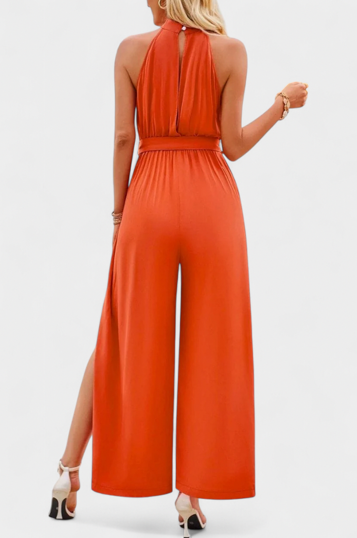 Chiffon Halter Slit Jumpsuit