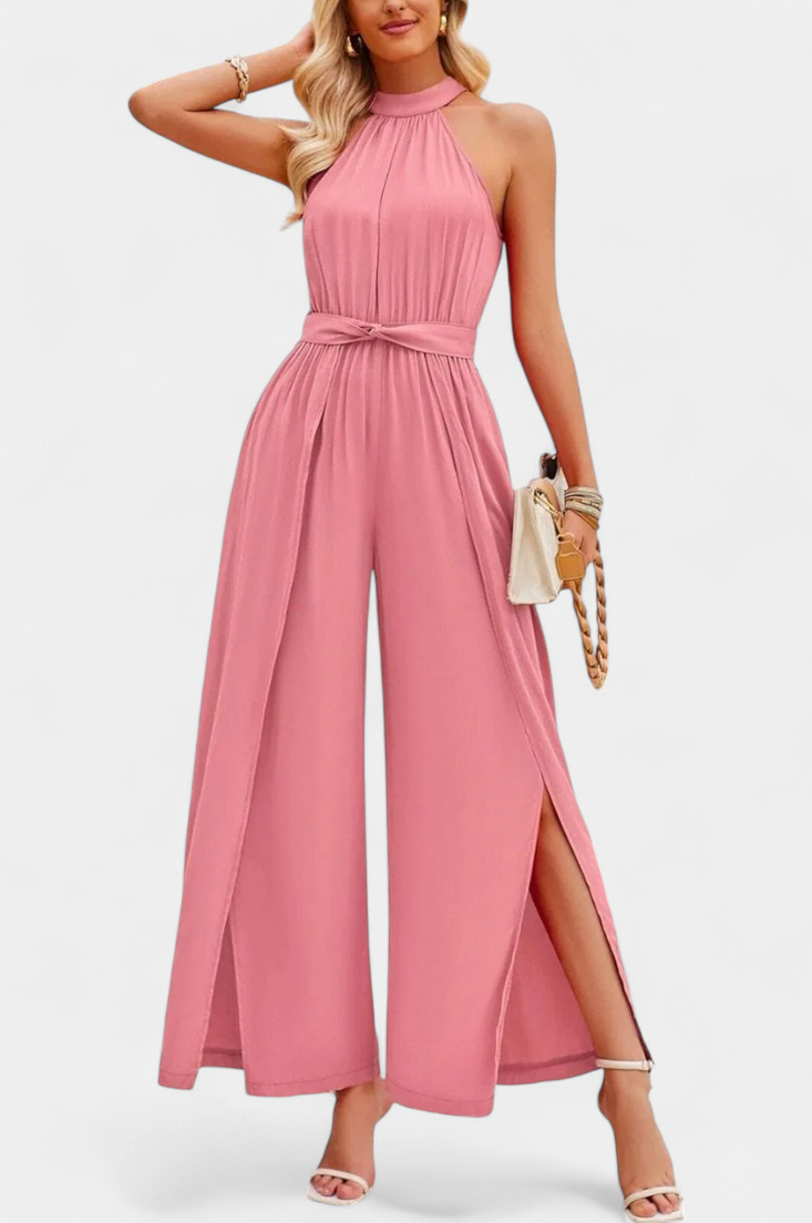 Chiffon Halter Slit Jumpsuit